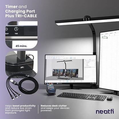 Neatfi LED Desk Lamp with 6-Level Brightness, Adjustable 2700~6500K Color Temperature, 14” Wide, Timer & Charging Port - Touch & Knob Control, 800 Lumens, Dimmable LED Table Light, 24W, CRI 85 (Black)