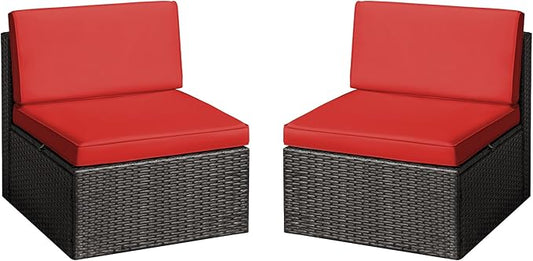 Greesum 2 Piece Patio Conversation Set Wicker Rattan Furniture Outdoor Sofa with Cushions,Pillows and Glass Table for Porch,Lawn and Yard, Red