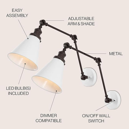 JONATHAN Y JYL7462C-SET2 Rover 7" Classic Industrial Metal Adjustable Arm LED Wall Sconce, White/Oil Rubbed Bronze (Set of 2) for Bedroom, Bathroom, Vanity