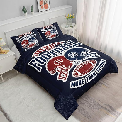 Datura home American Football Comforter Set Vintage Navy American Football Printed Quilt Bedding Set with 1 Comforter and 2 Pillowcases for Boys and Girls Bedroom All Season(Football Navy Queen)