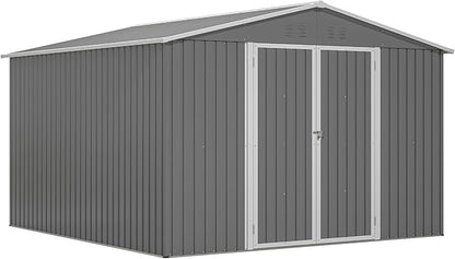 10×10 FT Outdoor Storage Shed,Metal Aluminum Waterproof Tool Sheds with Foundation,Doors & Vents,Heavy-Duty Sheds Unit W/Lock & Key,for Storing Bicycles,Lawnmowers,Barbeques,Gray
