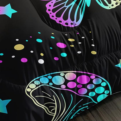 Colorful Mushroom Comforter Set Full Size Kids Mushroom Butterfly Bedding Set Star Quilt Bed Set for Boys Girls Adults with 1 Comforter and 2 Pillowcases