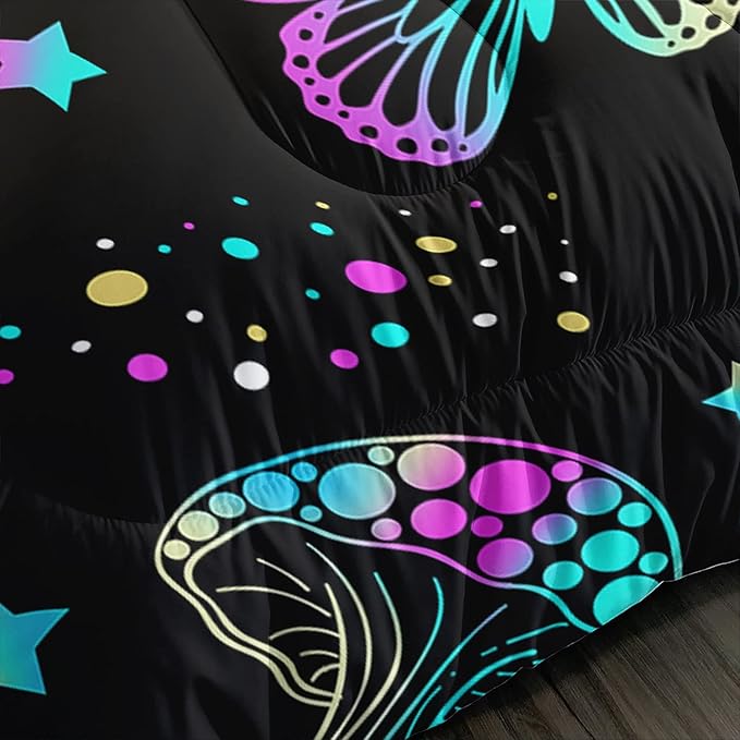 Colorful Mushroom Comforter Set Twin Size Kids Mushroom Butterfly Bedding Set Star Quilt Bed Set for Boys Girls Adults with 1 Comforter and 2 Pillowcases