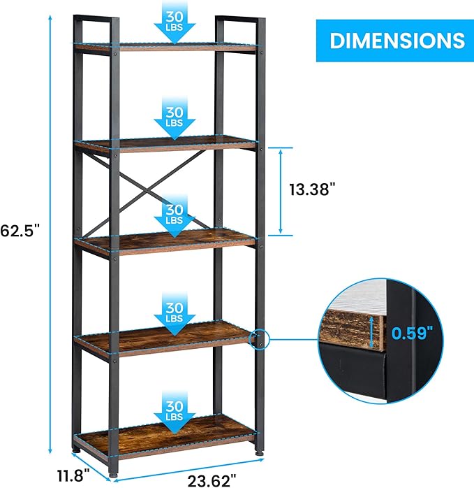5 Tier Bookshelf Rustic Industrial Style, Storage Shelves, Metal Book Shelves Bookcase Book Shelf Display Shelf for Home Office, Living Room, Bedroom, Kitchen (23.6" W, Brown)