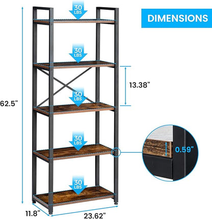 5 Tier Bookshelf Rustic Industrial Style, Storage Shelves, Metal Book Shelves Bookcase Book Shelf Display Shelf for Home Office, Living Room, Bedroom, Kitchen (23.6" W, Brown)