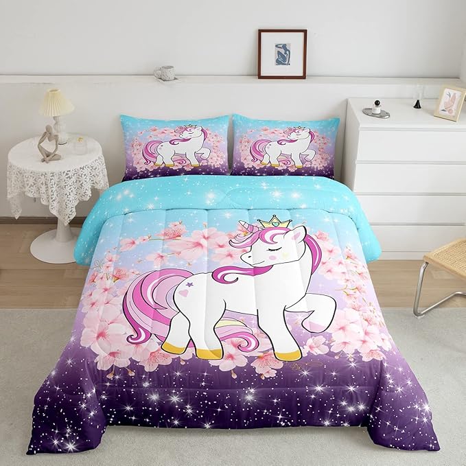 Unicorn Comforter Set Full, Kids Unicorn Floral Bedding for Girls Boys Children Bedroom Decor, Cherry Blossoms Glitter Down Comforter Galaxy Kawaii Quilt Set with 2 Pillowcases, Blue Purple Ombre