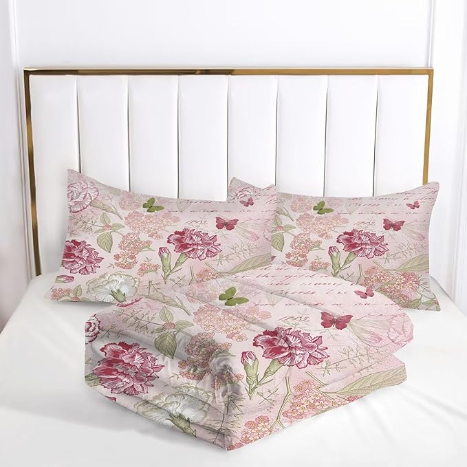 kxry Pink Flower Comforter Sets Butterfly Bedding Sets Queen Size Comforter Set for Girls Women Kids 1 Comforter + 2 Pillow Case