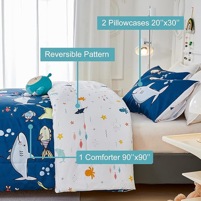 WINLIFE Shark Comforter Set Queen Size for Boys Teen Ocean Themed Fish Turtles Printed Bedding Set, Soft Microfiber Bedding All Season (3Pcs, Queen)