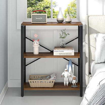 FOLUBAN Small Bookshelf, 3 Tier Rustic Book Shelf with Storage, Industrial Low Short Bookcases for Office, Bedroom and Living Room, Rustic Walnut
