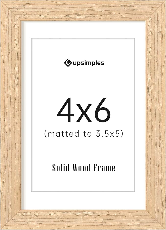 upsimples 4x6 Picture Frame, Natural Solid Wooden Picture Frames, Display 3.5x5 with Mat or 4 x 6 Without Mat, Wall or Tabletop, 1 Pack, Natural