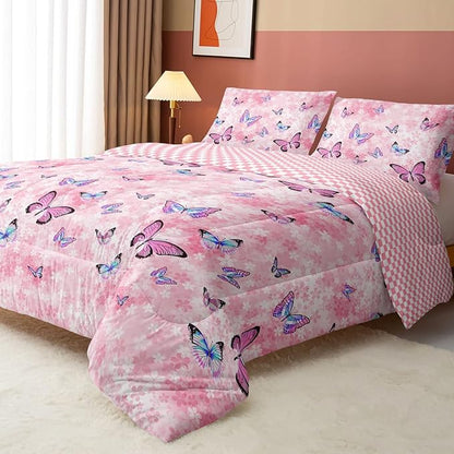 Datura home Kids Comforter Set Girls Pink Flower Butterfly Printed Pattern Quilt Bedding Set with 1 Comforter and 2 Pillowcases for Girls Bedroom All Season(Pink Flower Butterfly Twin 68x86inch)