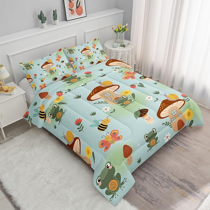 Datura home Cartoon Mushroom House Kids Comforter Bedding Set for Boys Girls, Green Grassland and Cute Frog Bee Print Comforter with 2 Pillowcases(Mushroom House Full)