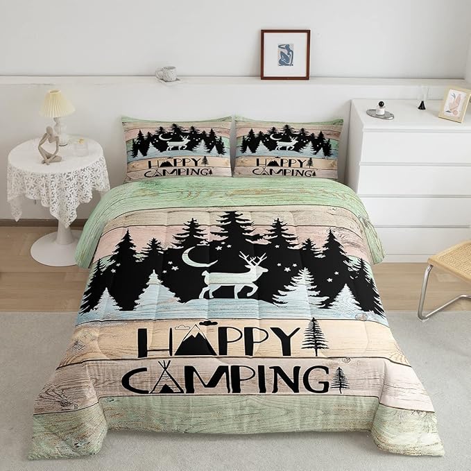Kids Happy Camping Comforter Set Twin,Cute Deer Camper Bedding Set Rustic Farmhouse Woodland Animal Comforter For Boys Girls Old Barn Door Quilted Duvet Star Moon Pine Tree Decor 2 Pcs Black Green