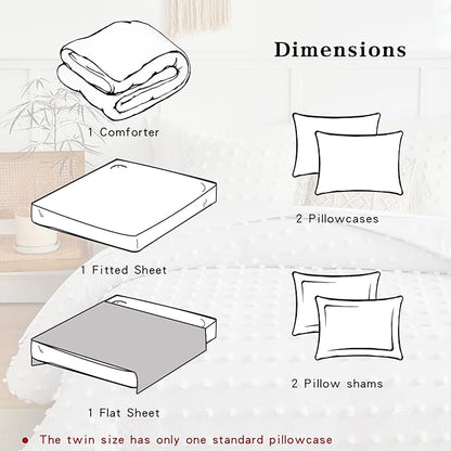 7 Pieces Tufted Dots Bed in a Bag Queen Comforter Set with Sheets White , Soft and Embroidery Shabby Chic Boho Comforters, Solid Color with Pom Pom Design, Jacquard Tufts Bedding Set for All Season