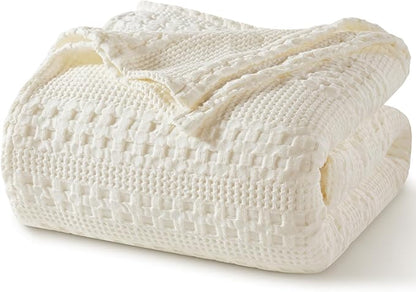 PHF 100% Cotton Waffle Weave Blanket Queen Size, Soft Lightweight Breathable Cozy Summer Blankets for Bed, Luxury Aesthetic Woven Bedding for Home Decor, 90"x90", Ivory