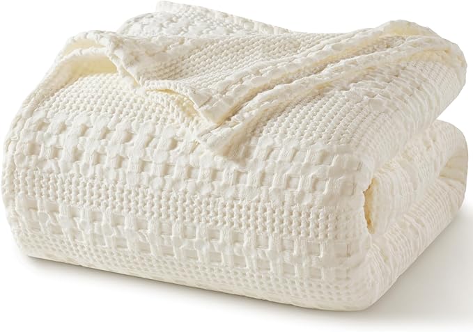 PHF 100% Cotton Waffle Weave Blanket Twin Size, Soft Lightweight Breathable Cozy Summer Blankets for Bed, Luxury Aesthetic Woven Bedding for Home Decor, 66"x90", Ivory