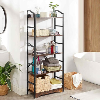 Vagusicc 5 Tier Bookshelf with 2 Storage Baskets, Tall Bookcase Shelf Storage Organizer Wood Book Shelf, Modern Shelf Rack Shelves with Steel Frame, Multipurpose Bookshelf for Bedroom Living Room