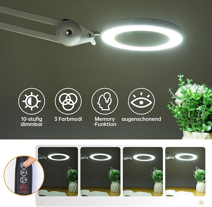 Magnifying Glass with Light and Clamp, Magnifying Lamp with 4.2'' 5X Real Glass Magnifier, 3-Color Dimmable LED Light, Premium Swing Arm Hands Free for Estheticians Crafts Hobbies Arts