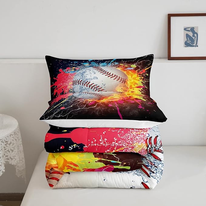 Baseball Comforter Set For Boys,Tie Dye Baseball Sports Full Bedding Set Red Blue Fire Water Lightning Duvet Insert For All Season,Sports Baseball Quilt Soft Lightweight Bedroom Decor 2 Pillow Cases
