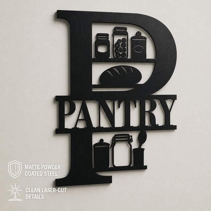 Pantry Metal Wall Decor, Farmhouse Kitchen Pantry Sign, 14 Inch | 14-inch matte black metal pantry sign with pre-drilled holes for farmhouse, rustic, modern, or industrial kitchen decor.