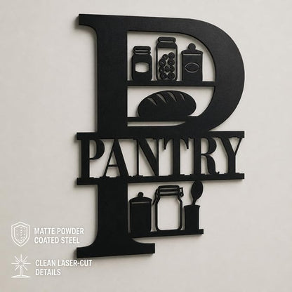Pantry Metal Wall Decor, Farmhouse Kitchen Pantry Sign, 14 Inch | 14-inch matte black metal pantry sign with pre-drilled holes for farmhouse, rustic, modern, or industrial kitchen decor.