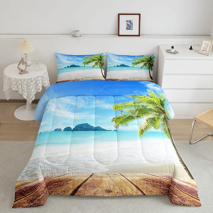 Beach Comforter Set Queen Size Ocean Bedding Set Tropical Palm Tree Hawaii Ocean Duvet Set Sunny Beach Coastal Nature Theme Duvet Set Sea Wave Mountain Brown Wooden Comforter Set 2 Pillowcases, Blue