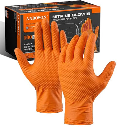 ANBOSON 10 Mil Heavy Duty Mechanic Nitrile Gloves, Large Orange 100 Count | Diamond Grip,Latex Free,Chemical Resistant Disposable Thick Rubber Gloves for Auto Repair, Industrial, Food, Work ,BBQ,Men