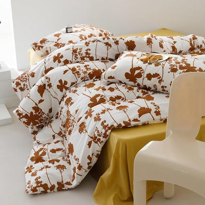 Botanical Comforter Set Twin White and Pumpkin Floral Plant Bedding Comforter Set Girls Garden Pattern Printed on White Blanket Rustic Leaf Blossom Women White Farmhouse Comforter Twin