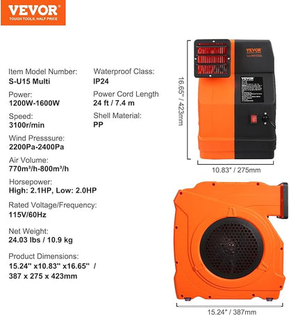 VEVOR Inflatable Blower, 1500W, 2 & 2.1 HP Bounce House Blower, Pump Commercial Air Blower for Inflatables, 3100 RPM Bouncy Castle Electric Fan Perfect for Bounce House