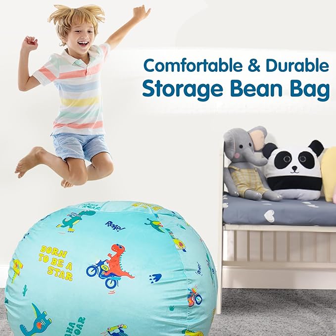 Lukeight Stuffed Animal Storage Bean Bag Chair Cover for Kids, Dinosaur Zipper Beanbag Chair Cover for Organizing Toddler & Kids' Rooms Plush Toys (Dino Blue, X-Large)