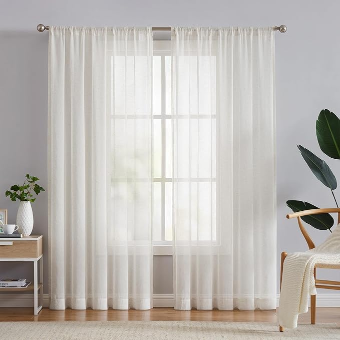 FMFUNCTEX Linen Sheer Curtains for Living Room, Beige Curtains 90 inches Long for Bedroom, Natural Flax Blend Window Draperies for Farmhouse Curtain, Rod Pocket 2 Panels