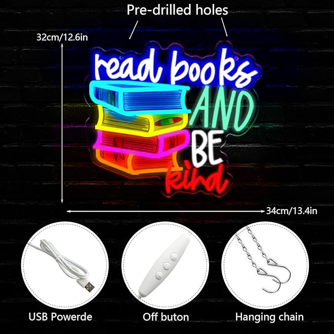 LED Read Books Be Kind Neon Signs Classroom Neon Lights Wall Decor for Reading Room, Classroom, Bookstore, Library, Museum, Study Room Gifts Art for Book Lover, Kids,Friends,family-13.4 x 12.6 IN-USB Powered-Acrylic