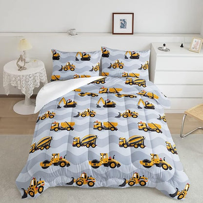 Datura home Construction Truck Comforter Set for Boys Kids Children,Grey Machinery Truck Excavators Vehicles Cartoon Tractor Bedding with 1 and 2 Pillowcases(Truck Grey Twin), Twin 68x86inches