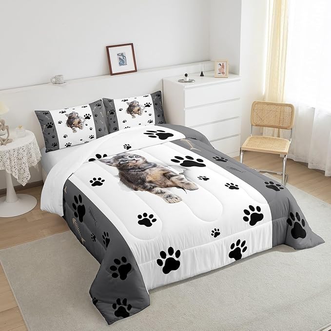 Kids Cat Comforter Set Full,3D Cute Kawaii Cat Bedding Set Lovely Animal Kitten Paw Print Down Comforter For Girls Boys Cat Lovers' Bedroom,Fish Bone Decor Quilt Duvet Set Grey White 2 Pillow Cases