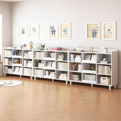 Wooden Cube Bookcase with Legs - 3-Tier Open Shelf Kidsroom Sorted Storage Cabinet Organizer for Books and Toys, 6-Cube Lattice Cute Cubby Bookshelf in Pearl White, 32" W