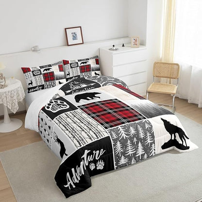 Deer Antlers Comforter Set King Size,Bear Paws Pine Trees Xmas Bedding Set for Kids Boys Girls Adults Room Decor,Lattices Patchwork Rustic Farmhouse Down Comforter,Red Duvet Insert,2 Pillowcases