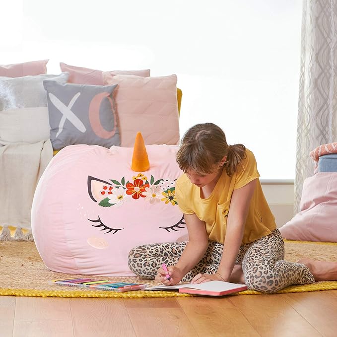 Aubliss Stuffed Animal Storage, Velvet Bean Bag Chairs Cover, Large 32" Ultra Soft Kids Toy Storage Organizer for Blankets Towels Clothes, Pink Floral