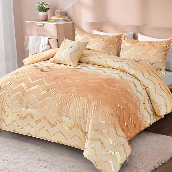 Ombre Beige Comforter Set Queen Size Girls Bedding Soft Microfiber Comforter for Kids Teen Women,4 Pieces (1 Comforter,2 Pillowcase,1 Decorative Pillow Sham)