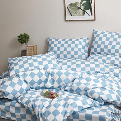 Wellboo Blue White Plaid Comforter Sets Full Women Men Light Blue and White Checkerboard Grid Bedding Comforters Cotton Boys Girls Modern Dusty Blue Checkered Geometric Quilts Luxury Sky Blue Bed