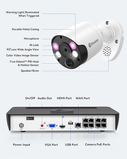 Swann Home Security Camera System with 2TB HDD, 8 Channel 4 Cam, POE Cat5e NVR 4K HD Video, Indoor or Outdoor Wired Surveillance CCTV, Color Night Vision, Heat Motion Detection, LED Lights, 886804FB