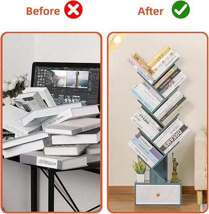 8 Tier Tree Bookshelf with Drawer, Free Standing Wood Bookcase for Narrow Space, Storage Organizer Bookshelves for Books, Book Case for Home Office, Living Room, Bedroom, Navy Blue