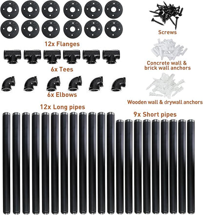 HITOMEN Industrial Iron Pipe Shelves, 3 Set 4-Tier, 42" Tall, 12" Depth, DIY Open Bookshelf Bookcase, Wall Mounted Vintage Retro Shelving, Rustic Farmhouse Pantry Kitchen Storage, Black Shelf Brackets