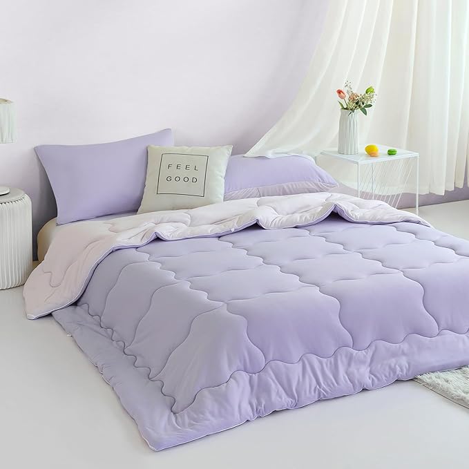 COTTEBED Reversible Ultra-Soft Purple and Light Pink King Size Bed Comforter Set, Jersey Knit T-Shirt Feel Cute Comy Bedding Down Blanket Quilt & Pillowcase Lightweight All Season California Cal King