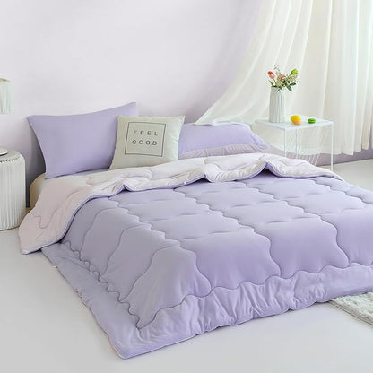 COTTEBED Reversible Ultra-Soft Purple and Light Pink King Size Bed Comforter Set, Jersey Knit T-Shirt Feel Cute Comy Bedding Down Blanket Quilt & Pillowcase Lightweight All Season California Cal King