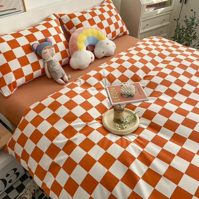 Wellboo Orange White Plaid Comforter Sets Full Women Girls Light Red Checkerboard Bedding Comforters Cotton Rust Caramel and White Checkered Geometric Quilts Adults Modern Grid Abstract Simple Bed