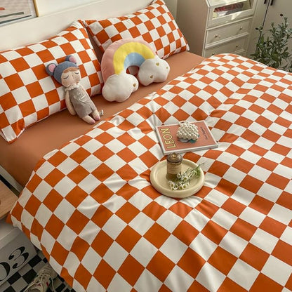 Wellboo Orange White Plaid Comforter Sets Full Women Girls Light Red Checkerboard Bedding Comforters Cotton Rust Caramel and White Checkered Geometric Quilts Adults Modern Grid Abstract Simple Bed