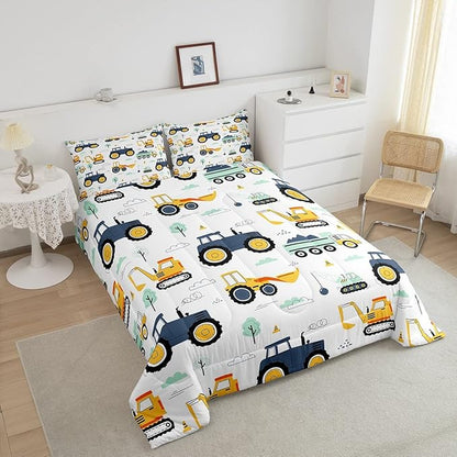 Cartoon Car Kids Comforter Set Twin, Kids Construction Vehicles Comforter for Boys Girls Teens, Tractor Machinery Trucks Bedding Set, Excavator Down Comforter, Construction Site Cars Duvet Set, 2Pcs