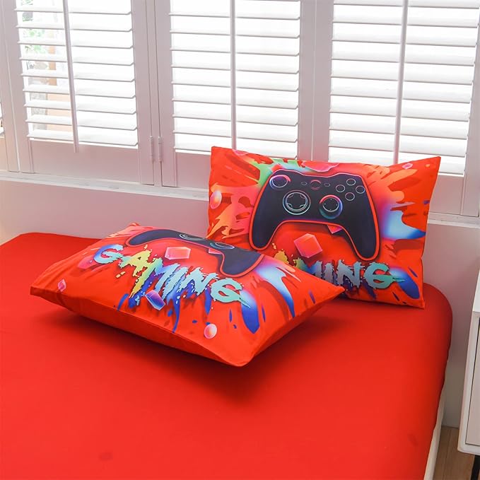 Aimuan Gaming Comforter Sets for Boys Kids Bedding Sets Video Games Console Action Buttons Novelty Colorful Game Gamepad Controller Modern Gamer Room Decor Home Quilt Set (Queen 6 Pcs,Red)