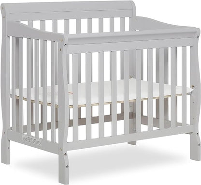 Aden 4-in-1 Convertible Mini Crib In Grey, Greenguard Gold Certified, Non-Toxic Finish, New Zealand Pinewood, With 3 Mattress Height Settings