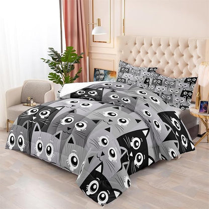 Cartoon Cat Bedding Set - 3Pcs Cute Cat Comforter Set for Bedroom Kids Boys Girls Cat Bedding Decor for All-Season Kawaii Kitten Pattern Lovely Animal 1 Cat Comforter with 2 Pillowcases, Full Size